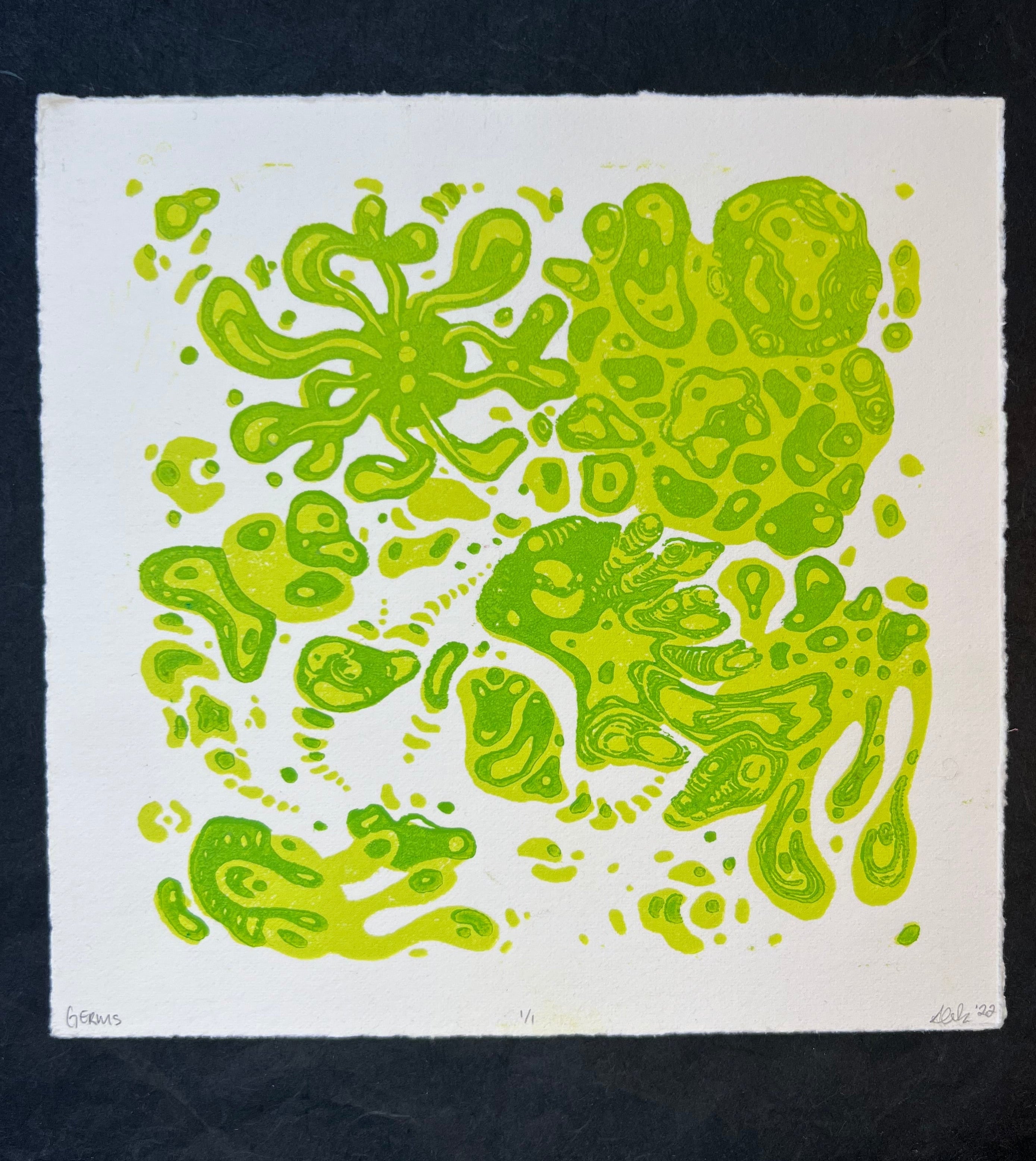 GERMS! Colorful Microbiology Petri dish, Abstract, Geometric, Bacteria, Alien, Space themed Linocut Print, 7.5"x7.5"