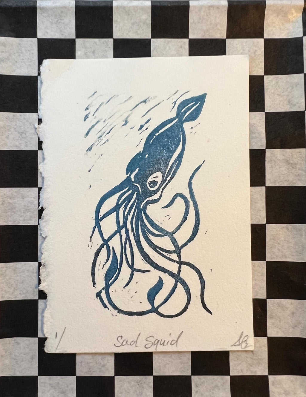 Deep Sea Squid Linocut Print | Handprinted Bookmark | Rainbow