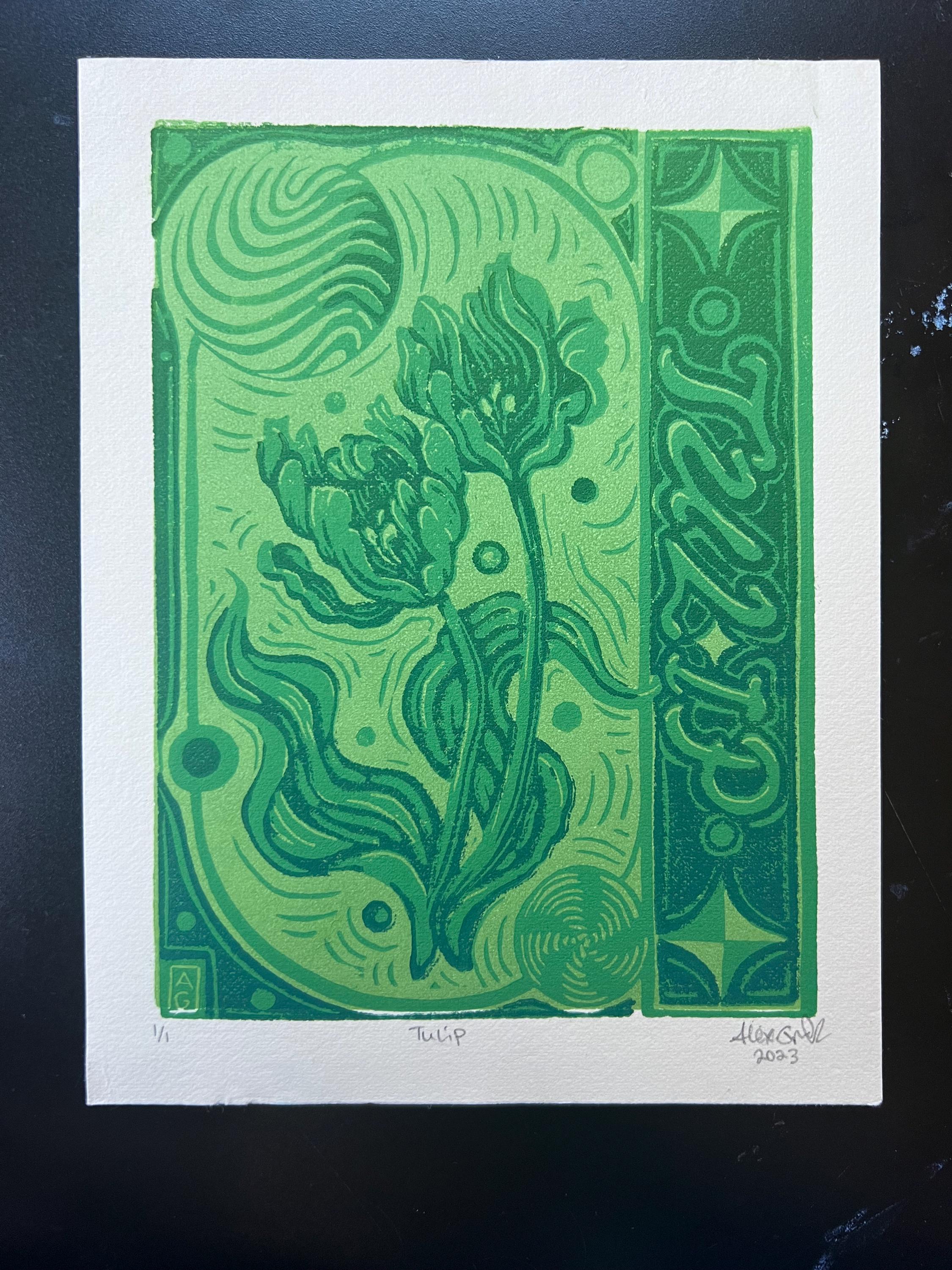Abstract Tulip Linocut Print Spring Y2K Vibes Vibrant 5.5"x7.05"