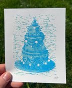 Vintage Style Tiered Rainbow Cakes, Linocut Print, 5"x6"
