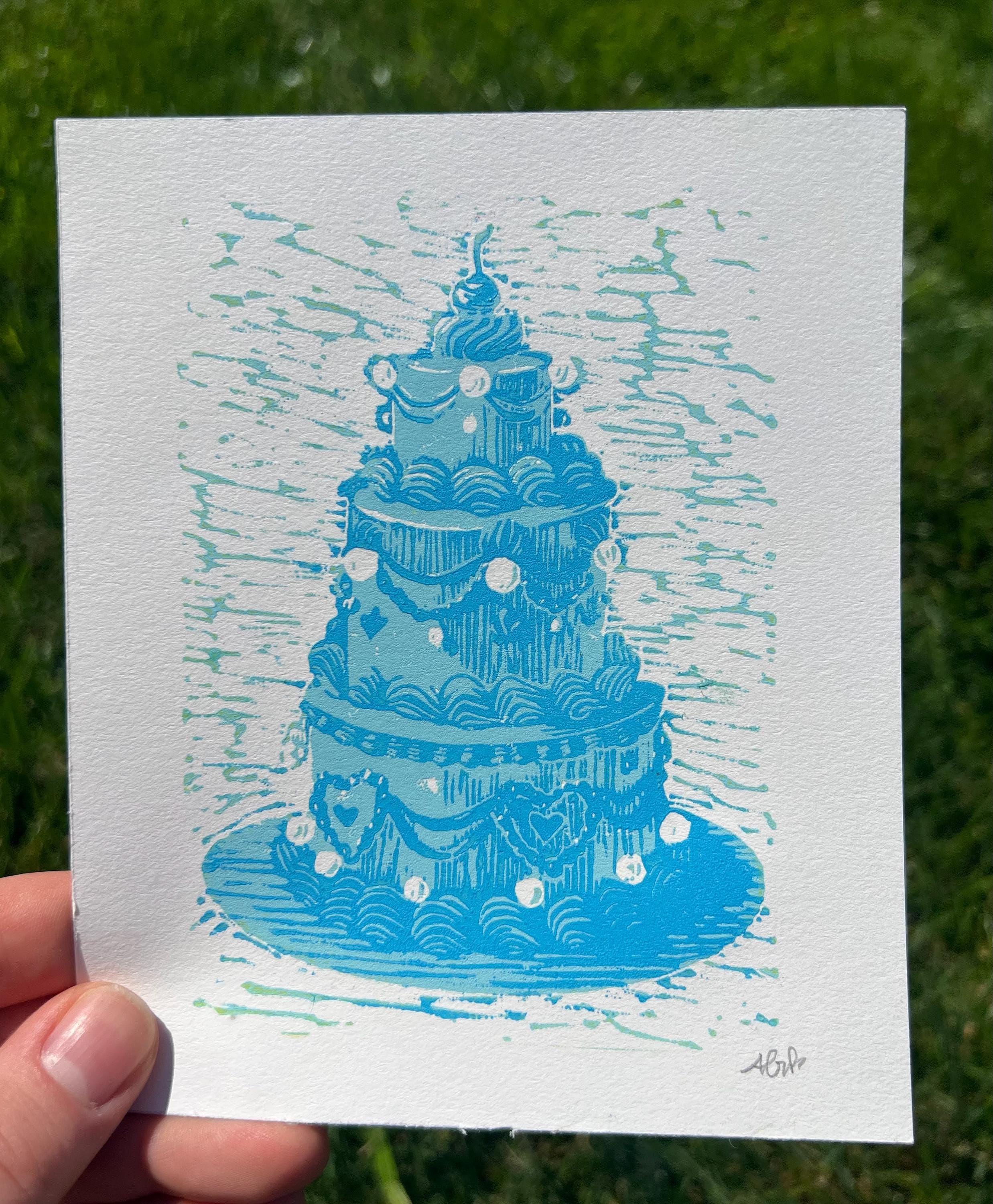 Vintage Style Tiered Rainbow Cakes, Linocut Print, 5"x6"