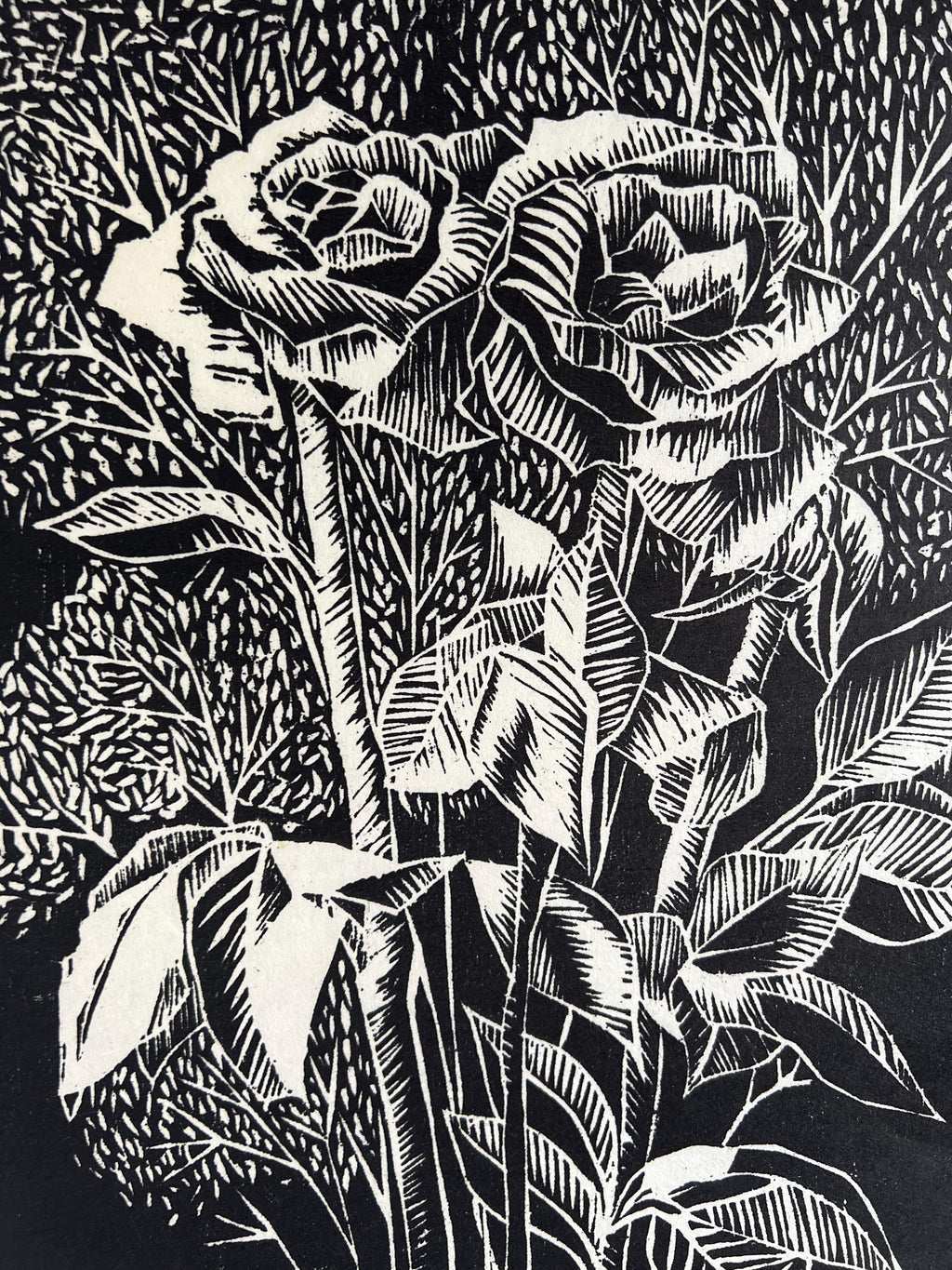 Woodcut Rose and Baby's Breath Bouquet Print 17.5"x12"