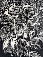 Woodcut Rose and Baby's Breath Bouquet Print 17.5"x12"