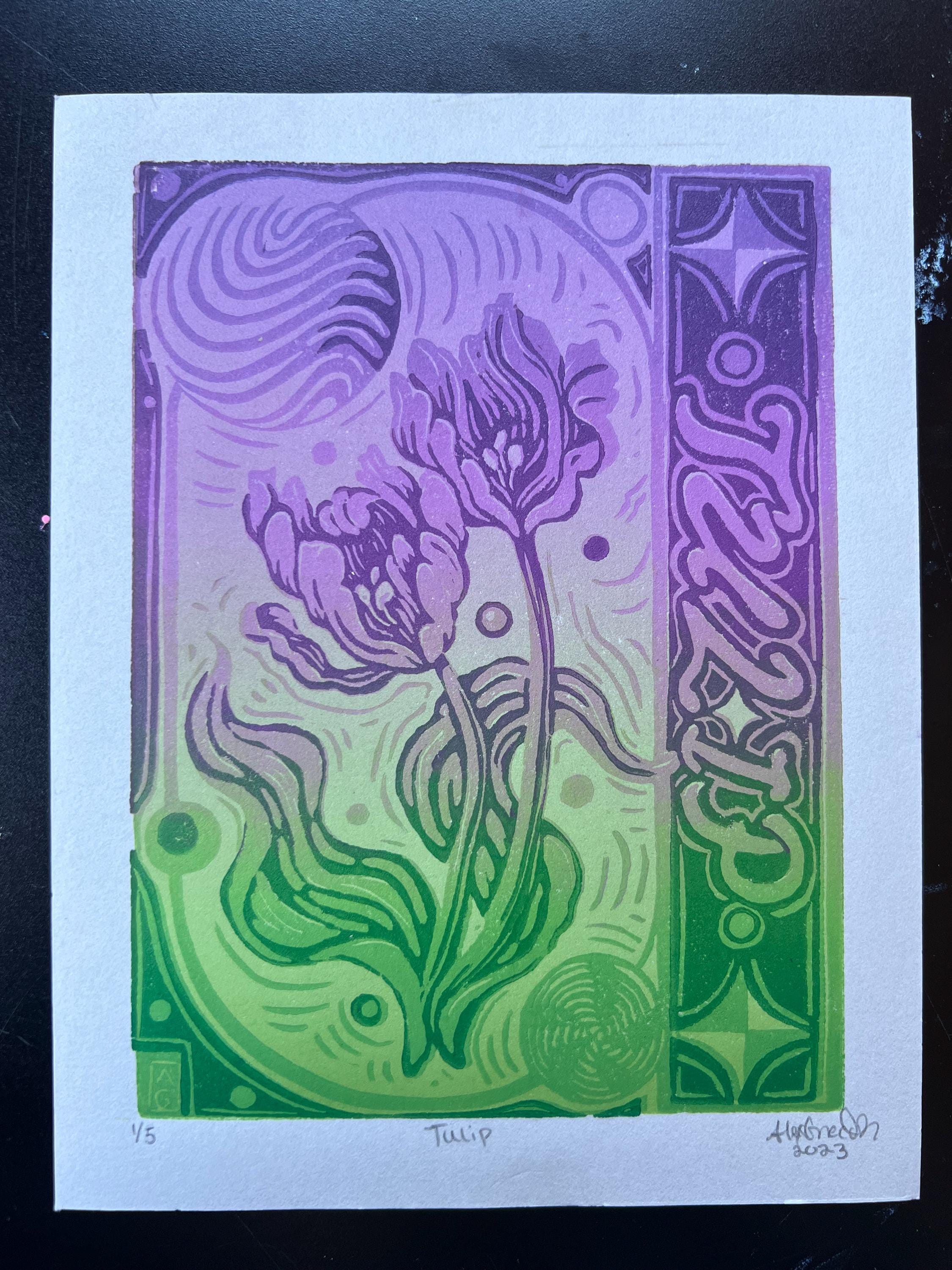 Abstract Tulip Linocut Print Spring Y2K Vibes Vibrant 5.5"x7.05"