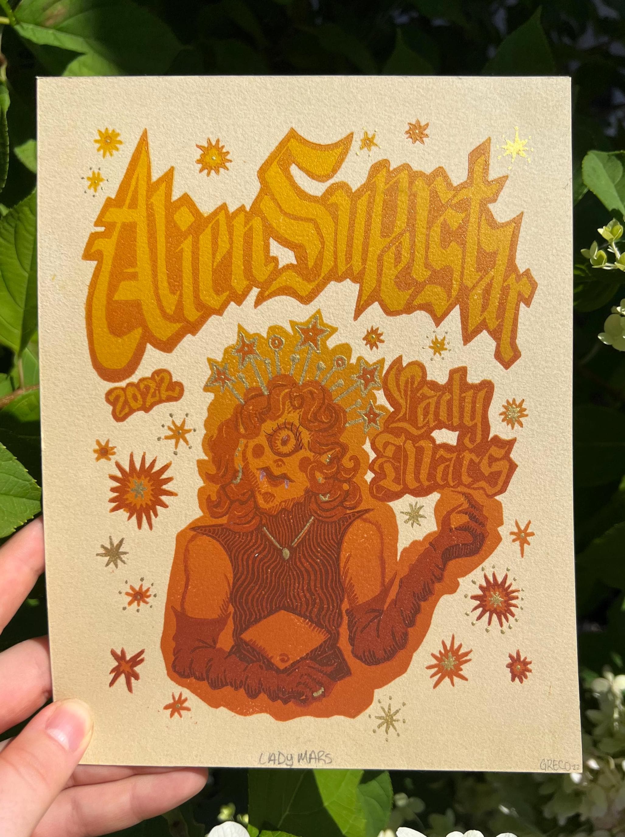 Lady Mars Linocut Print | Alien Superstar Beyoncé Art (7x9)