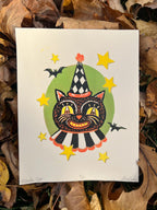 Linocut Vintage Circus Cat, Spooky Halloween Art Print | 4.75x6 | Fall Gift