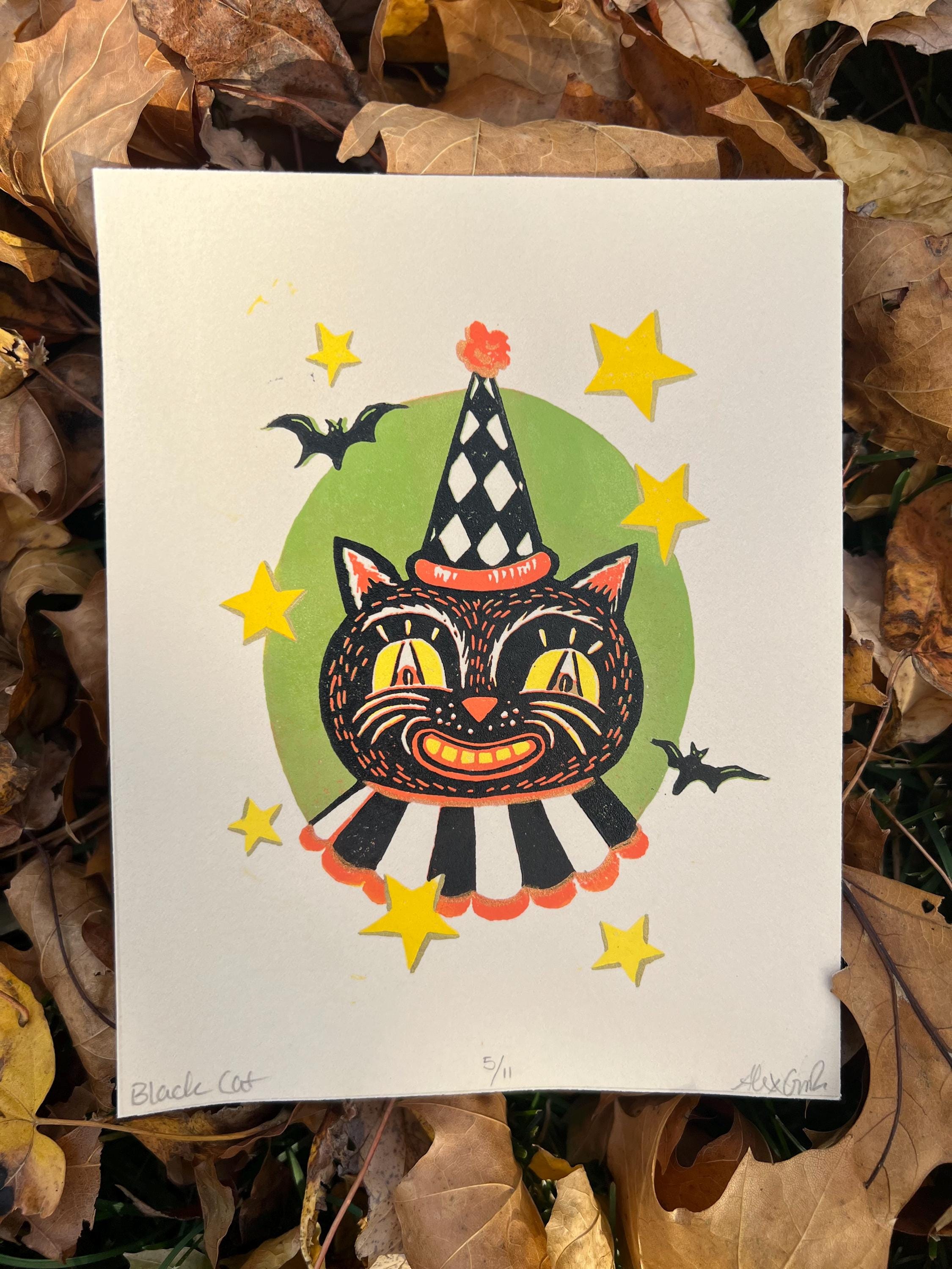 Linocut Vintage Circus Cat, Spooky Halloween Art Print | 4.75x6 | Fall Gift