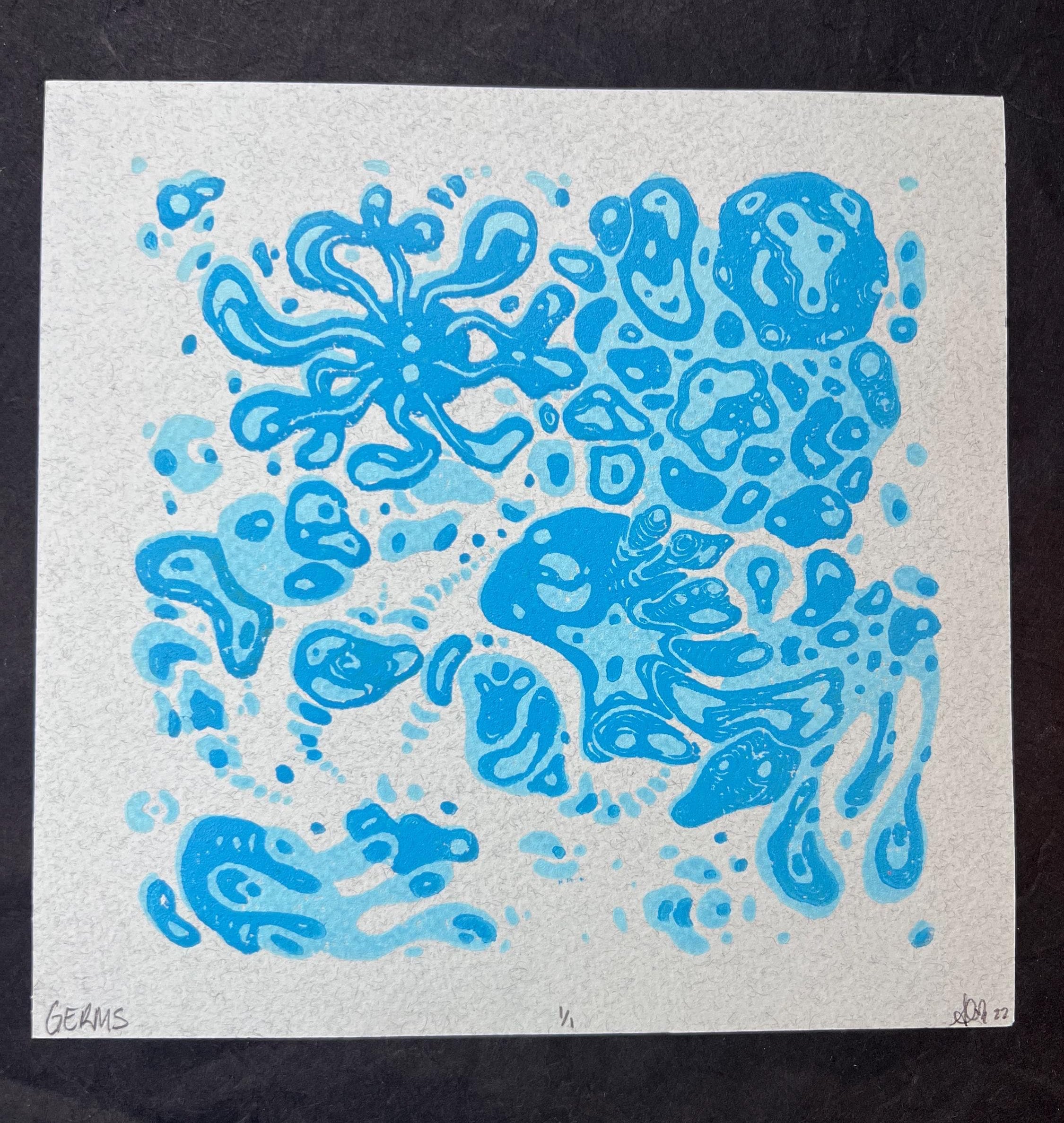 GERMS! Colorful Microbiology Petri dish, Abstract, Geometric, Bacteria, Alien, Space themed Linocut Print, 7.5"x7.5"