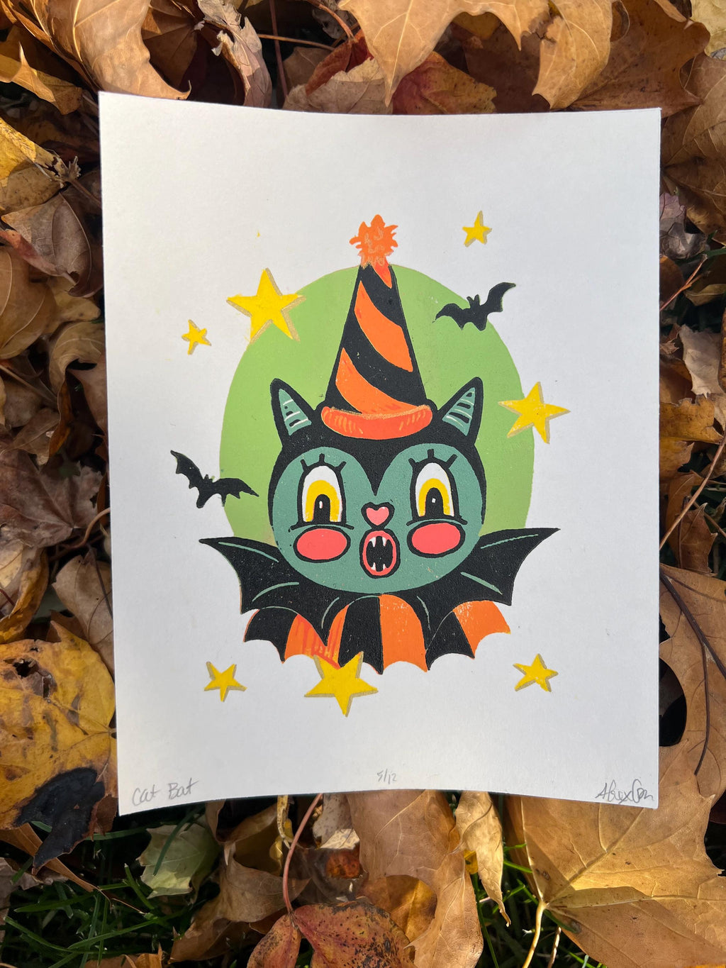 Linocut Vintage BAT, Spooky Halloween Art Print | 4.75x6 | Fall Gift