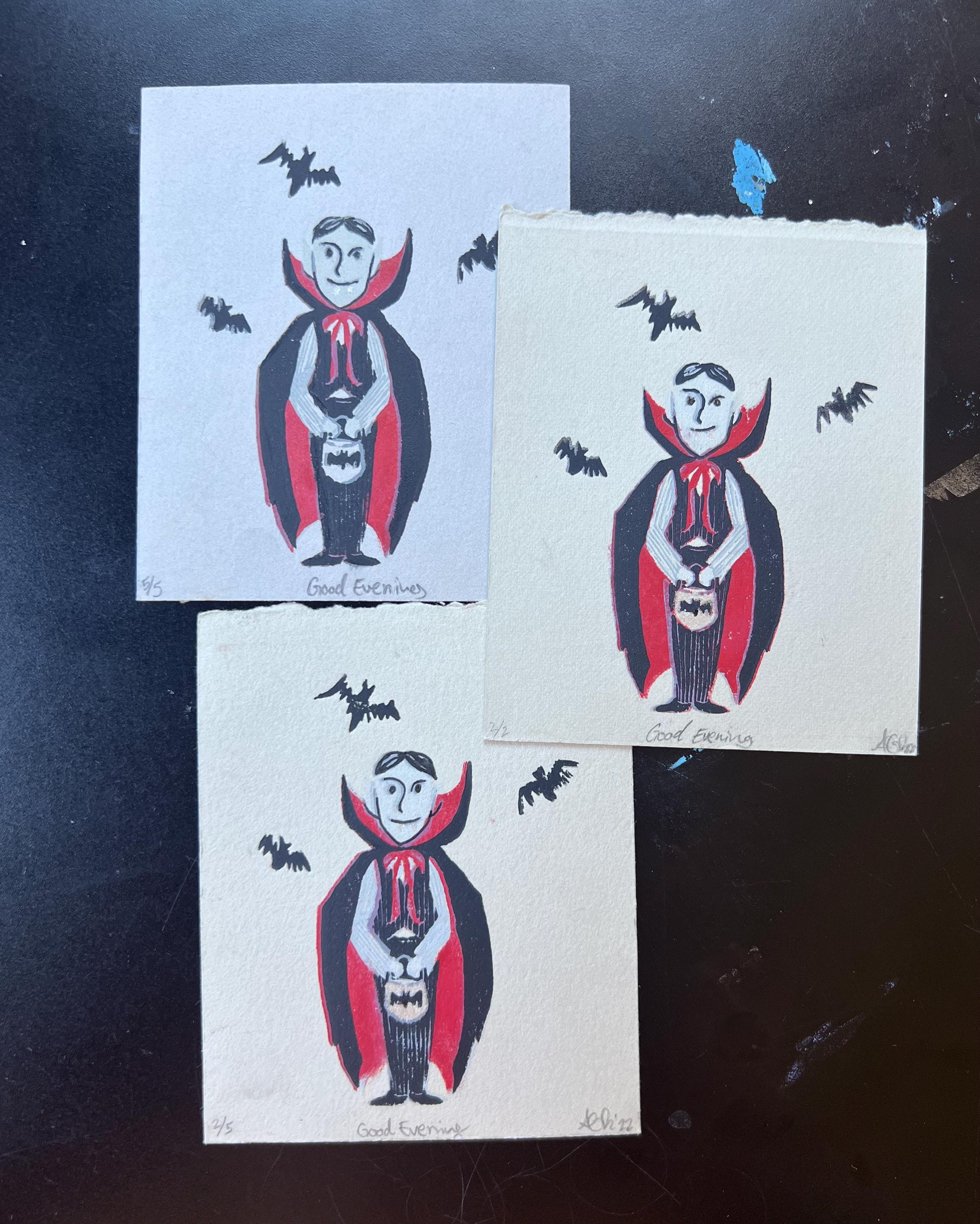 Spooky Skeleton/Dracula/Pumpkin Trick or Treaters Linocut Print Halloween