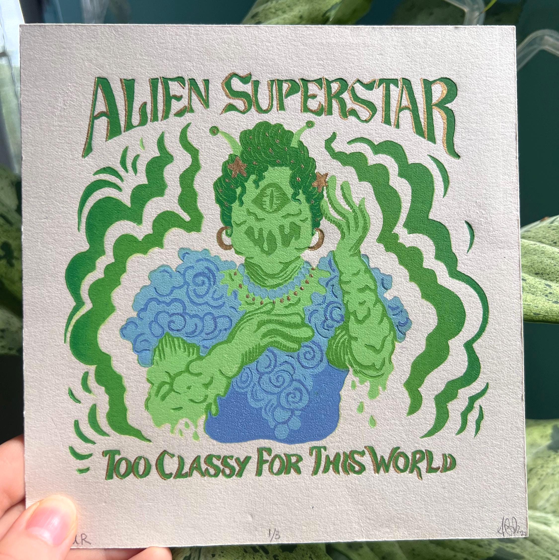 Alien Superstar Linocut Print | Beyoncé Renaissance, Drag Queen Art