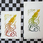 Deep Sea Squid Linocut Print | Handprinted Bookmark | Rainbow