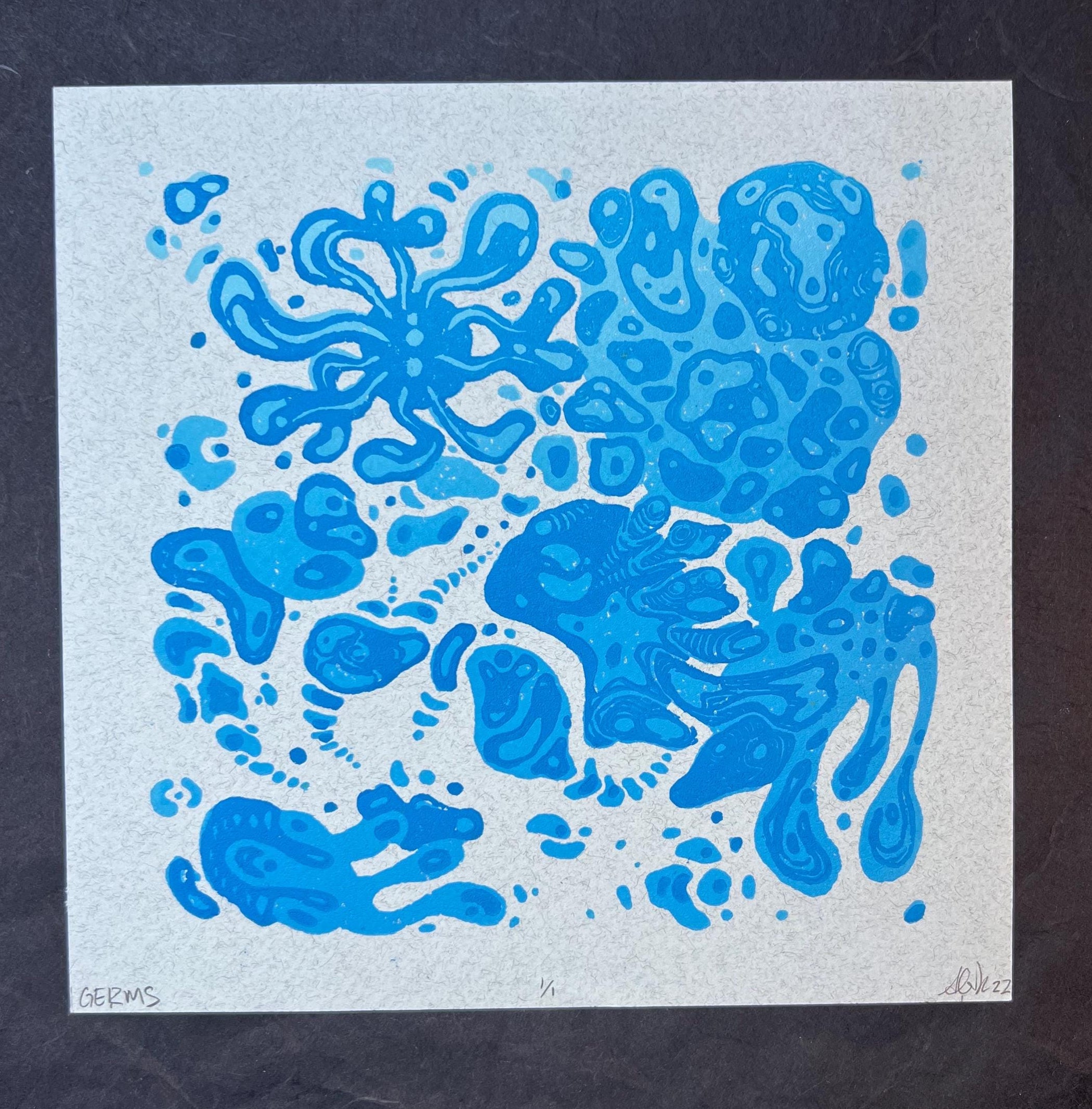 GERMS! Colorful Microbiology Petri dish, Abstract, Geometric, Bacteria, Alien, Space themed Linocut Print, 7.5"x7.5"