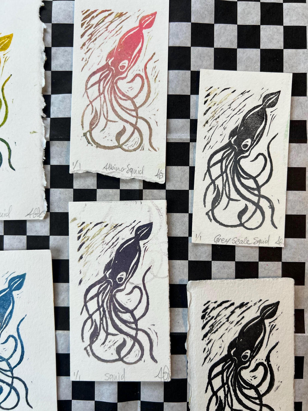 Deep Sea Squid Linocut Print | Handprinted Bookmark | Rainbow