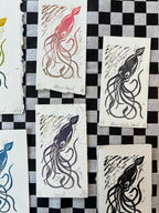 Deep Sea Squid Linocut Print | Handprinted Bookmark | Rainbow