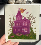 Spooky Halloween Haunted House Ghost Linocut Prints 7"x7.75"
