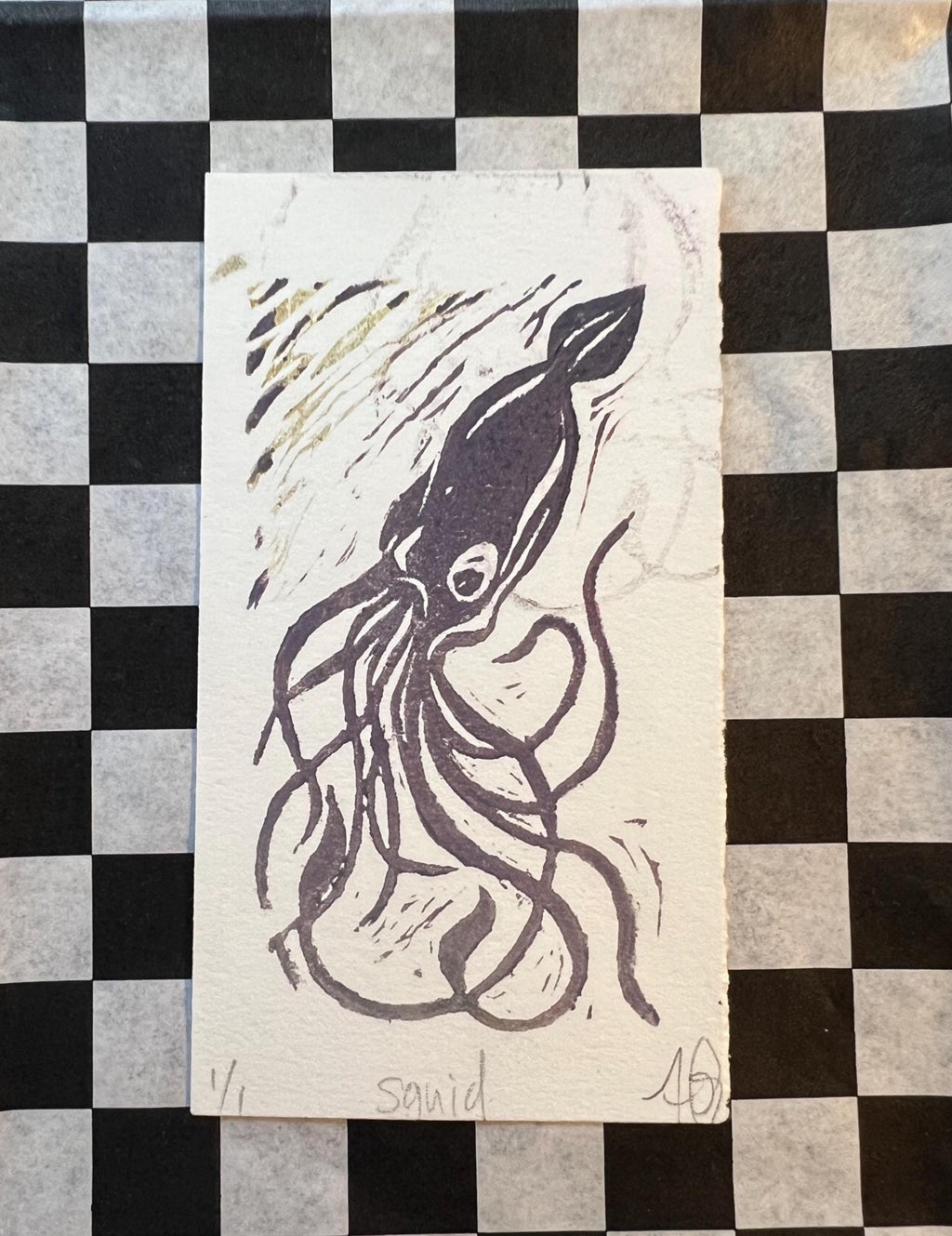 Deep Sea Squid Linocut Print | Handprinted Bookmark | Rainbow