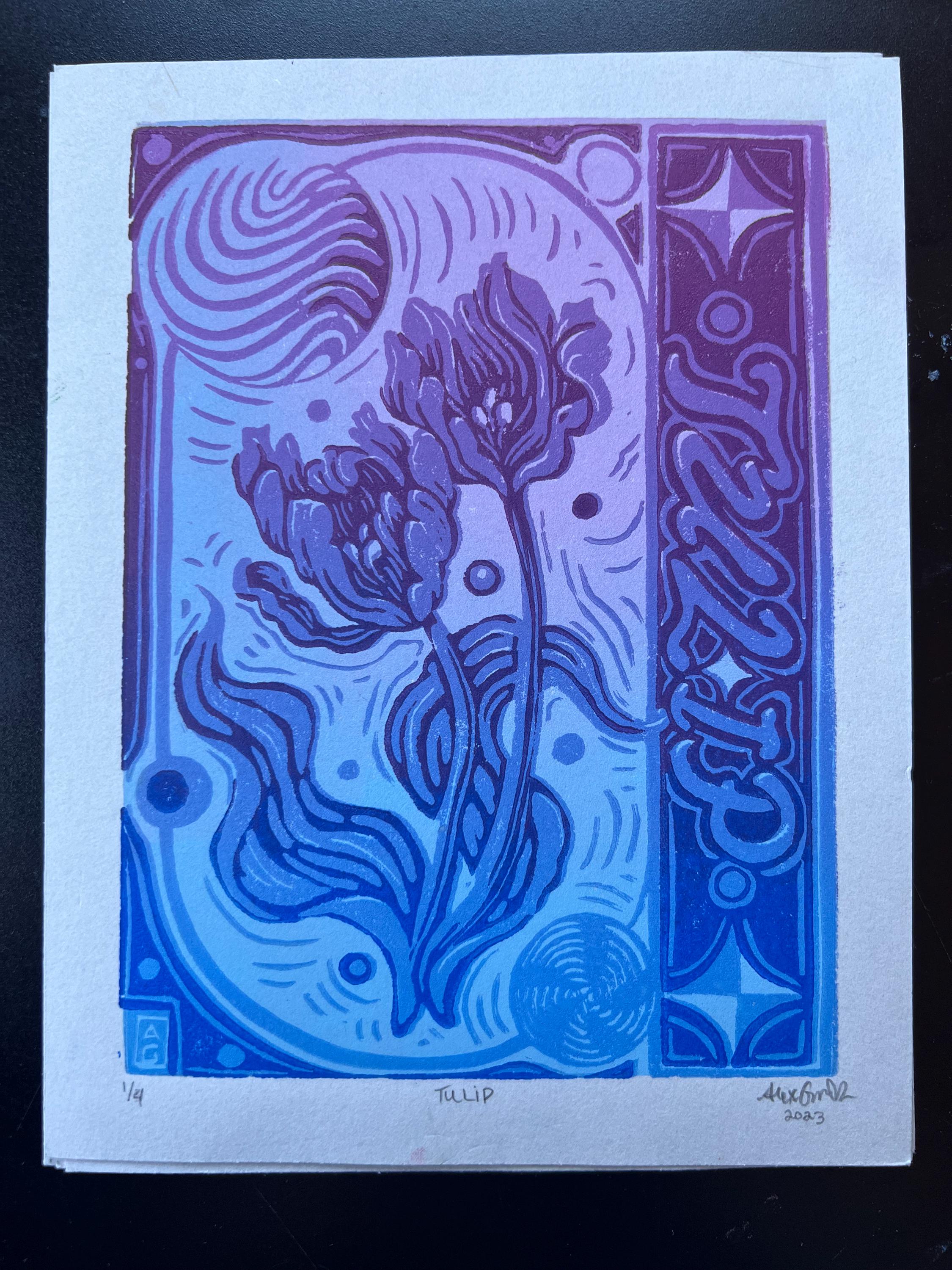 Abstract Tulip Linocut Print Spring Y2K Vibes Vibrant 5.5"x7.05"