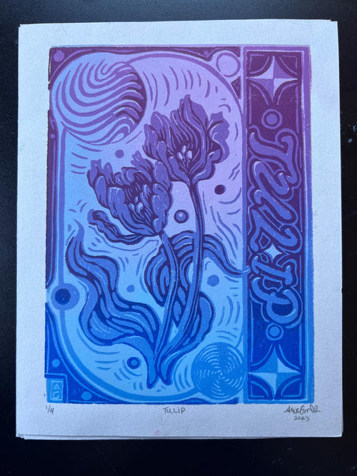 Abstract Tulip Linocut Print Spring Y2K Vibes Vibrant 5.5"x7.05"