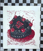 EAT ME! Vintage Cake Linocut Print: Hand-Pulled Relief Art (4.75x 5.5)