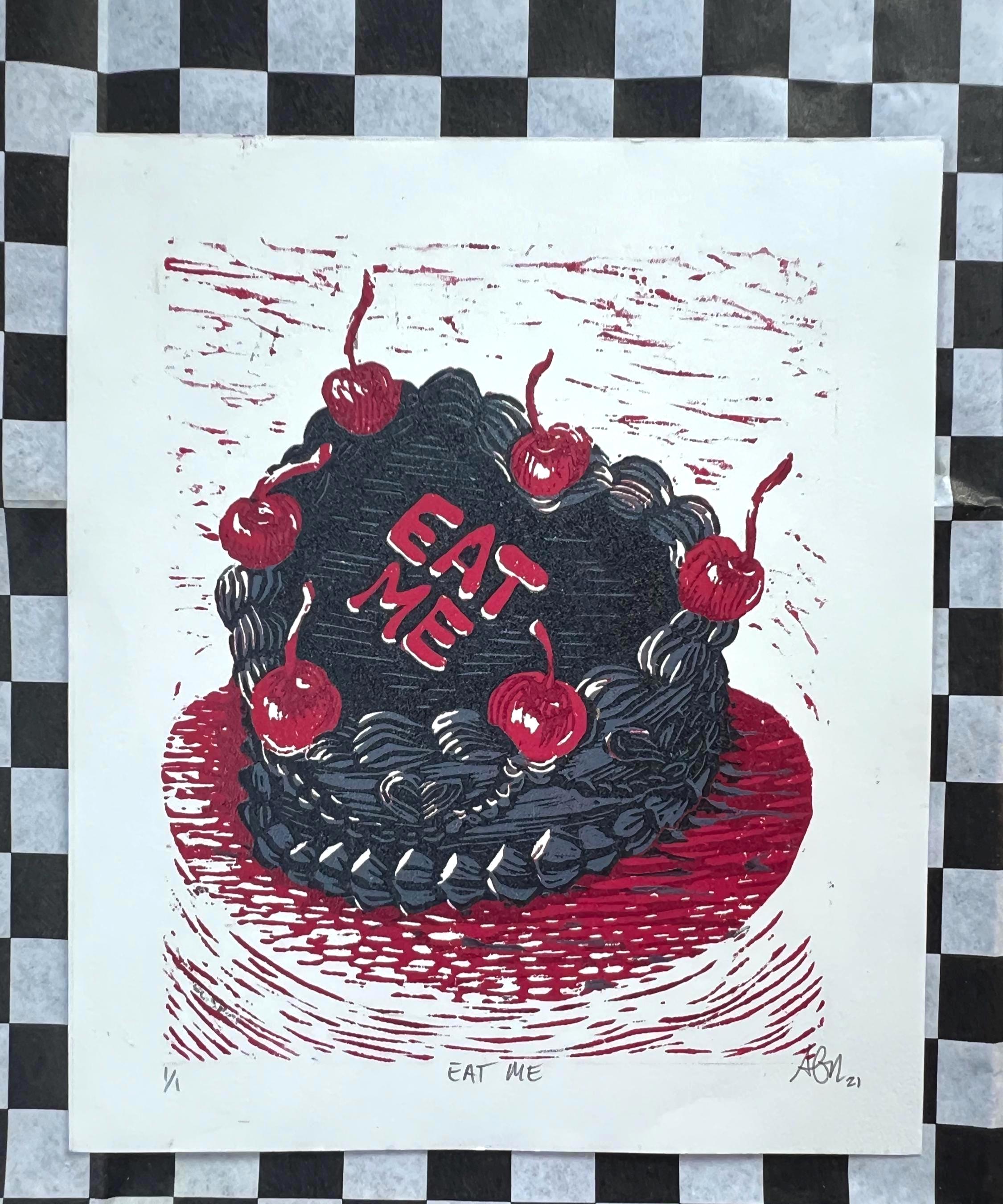 EAT ME! Vintage Cake Linocut Print: Hand-Pulled Relief Art (4.75x 5.5)