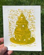 Vintage Style Tiered Rainbow Cakes, Linocut Print, 5"x6"