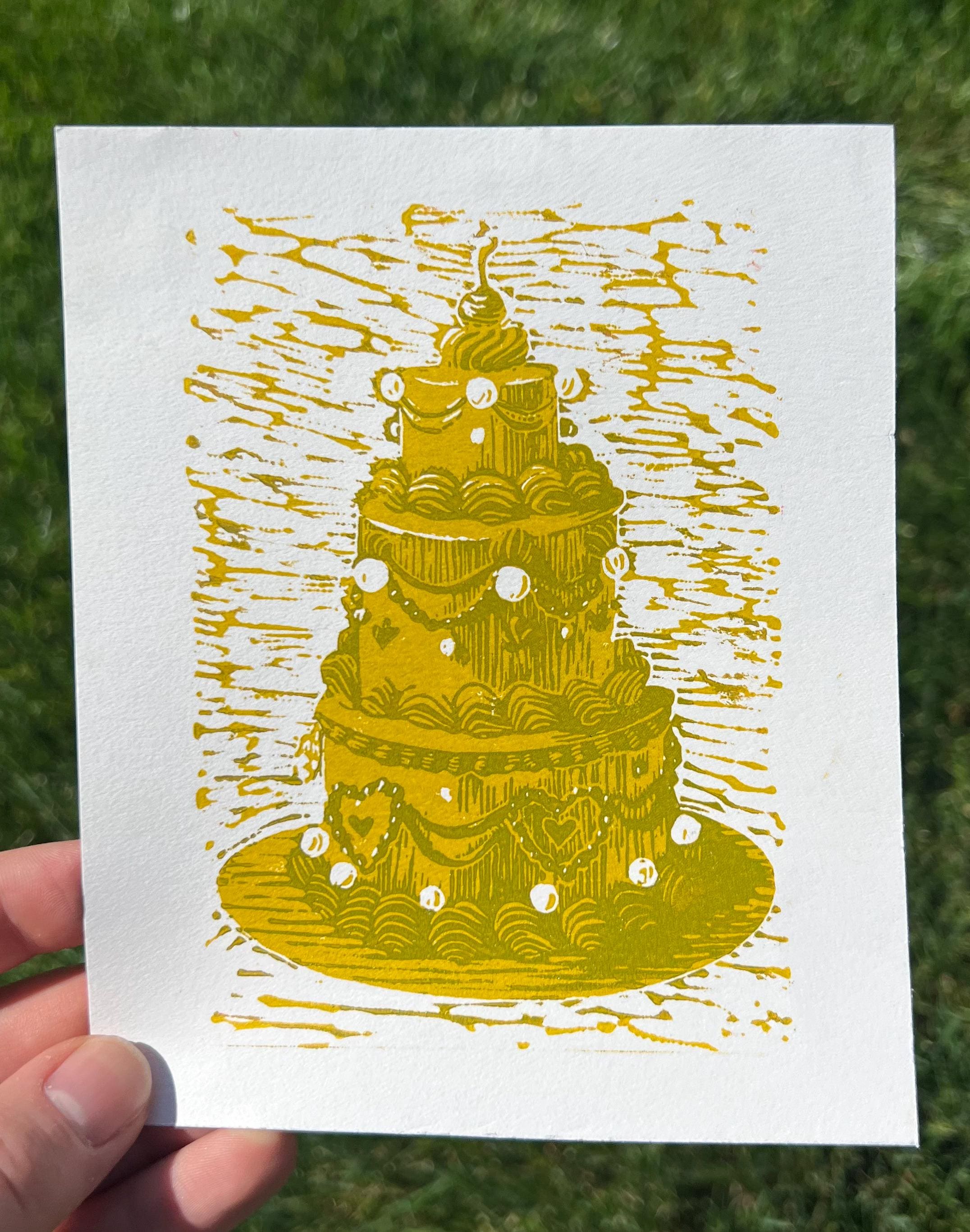 Vintage Style Tiered Rainbow Cakes, Linocut Print, 5"x6"