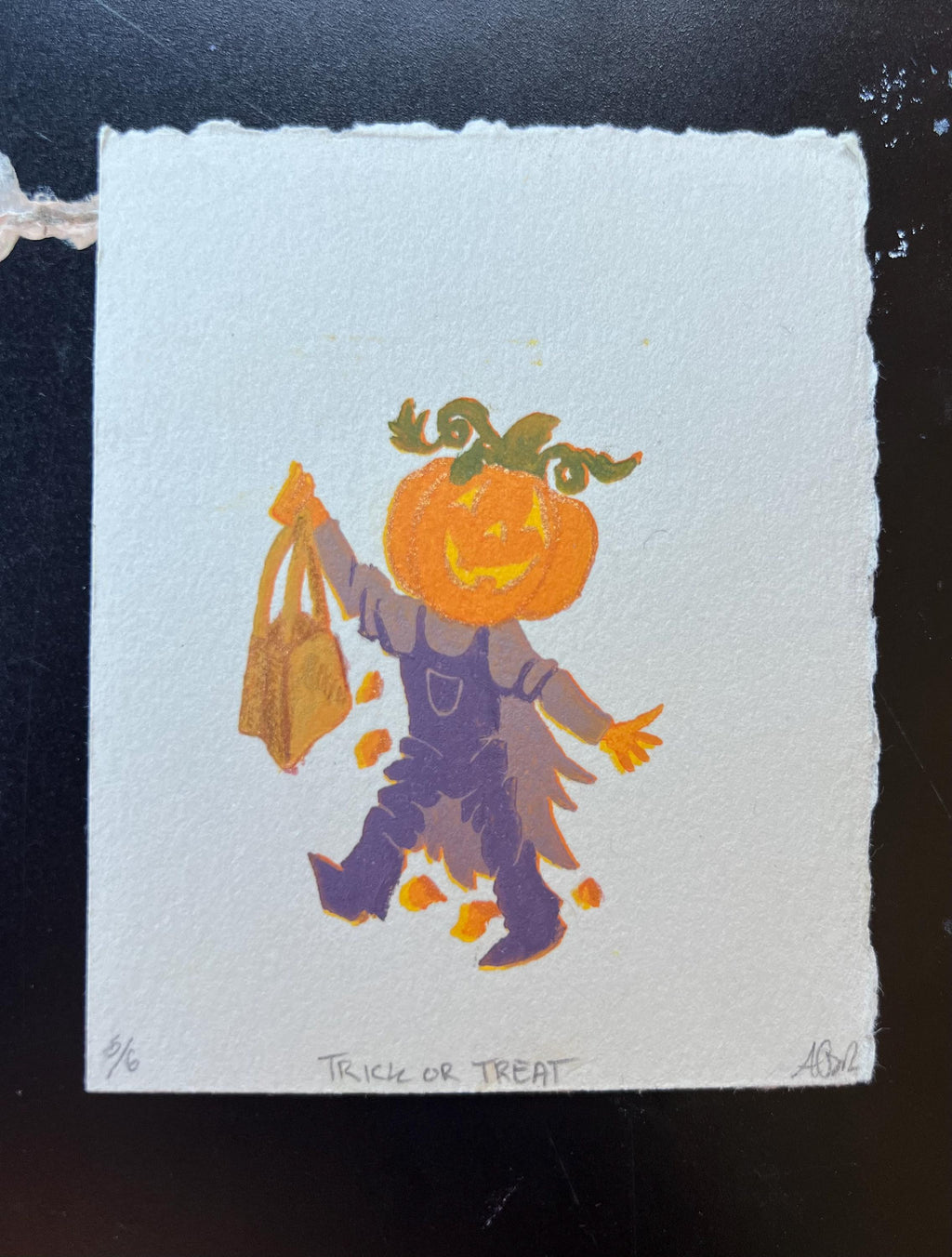 Spooky Skeleton/Dracula/Pumpkin Trick or Treaters Linocut Print Halloween