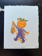 Spooky Skeleton/Dracula/Pumpkin Trick or Treaters Linocut Print Halloween