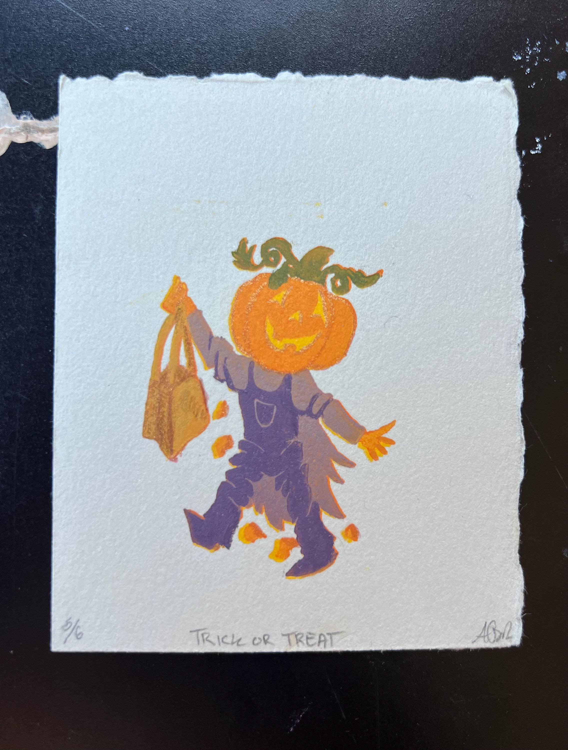 Spooky Skeleton/Dracula/Pumpkin Trick or Treaters Linocut Print Halloween