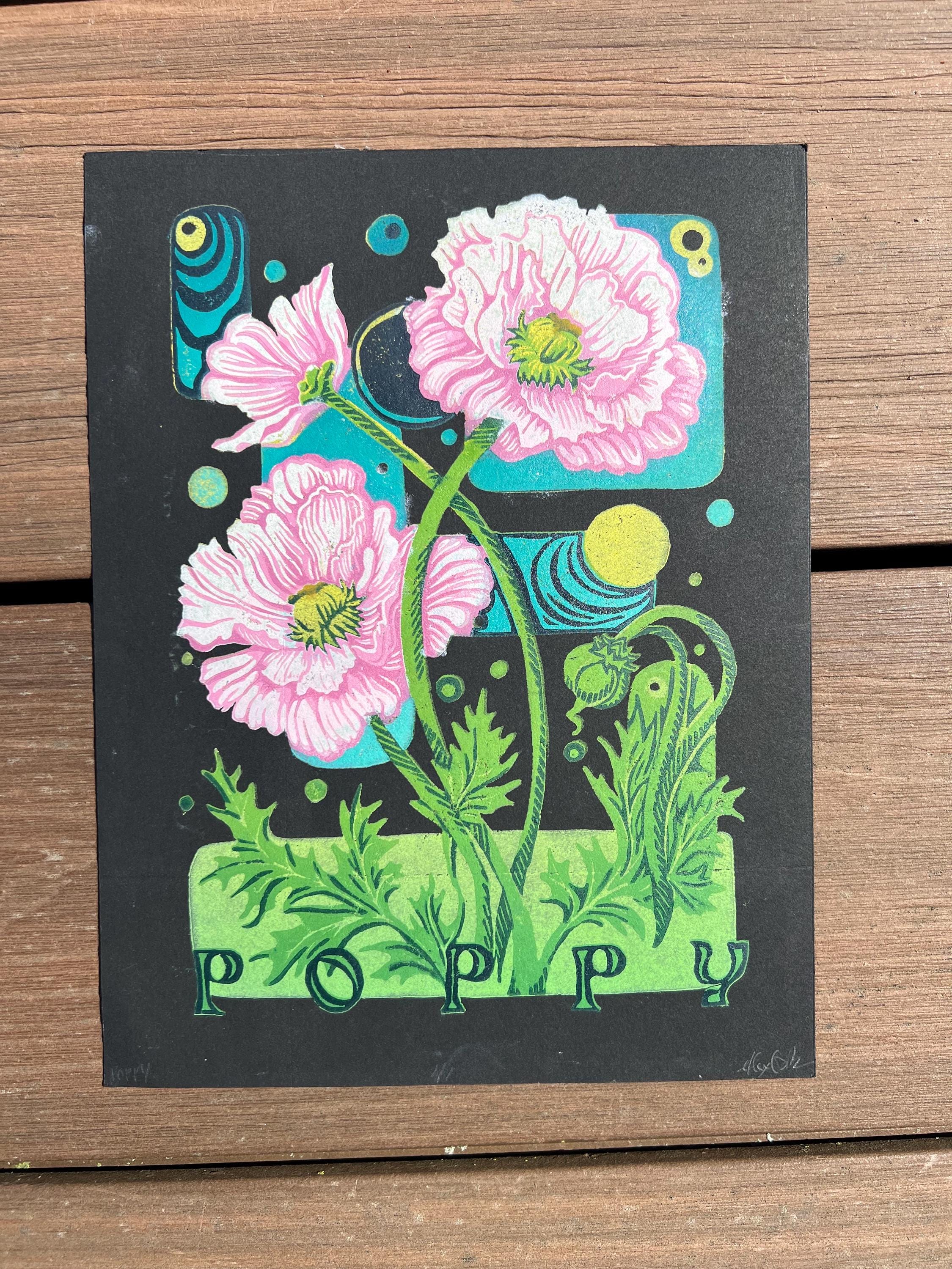 Poppy Flower Abstract Linocut Print | "Poppy" | Whimsical Easter Spring Wall Art | 7"x9"