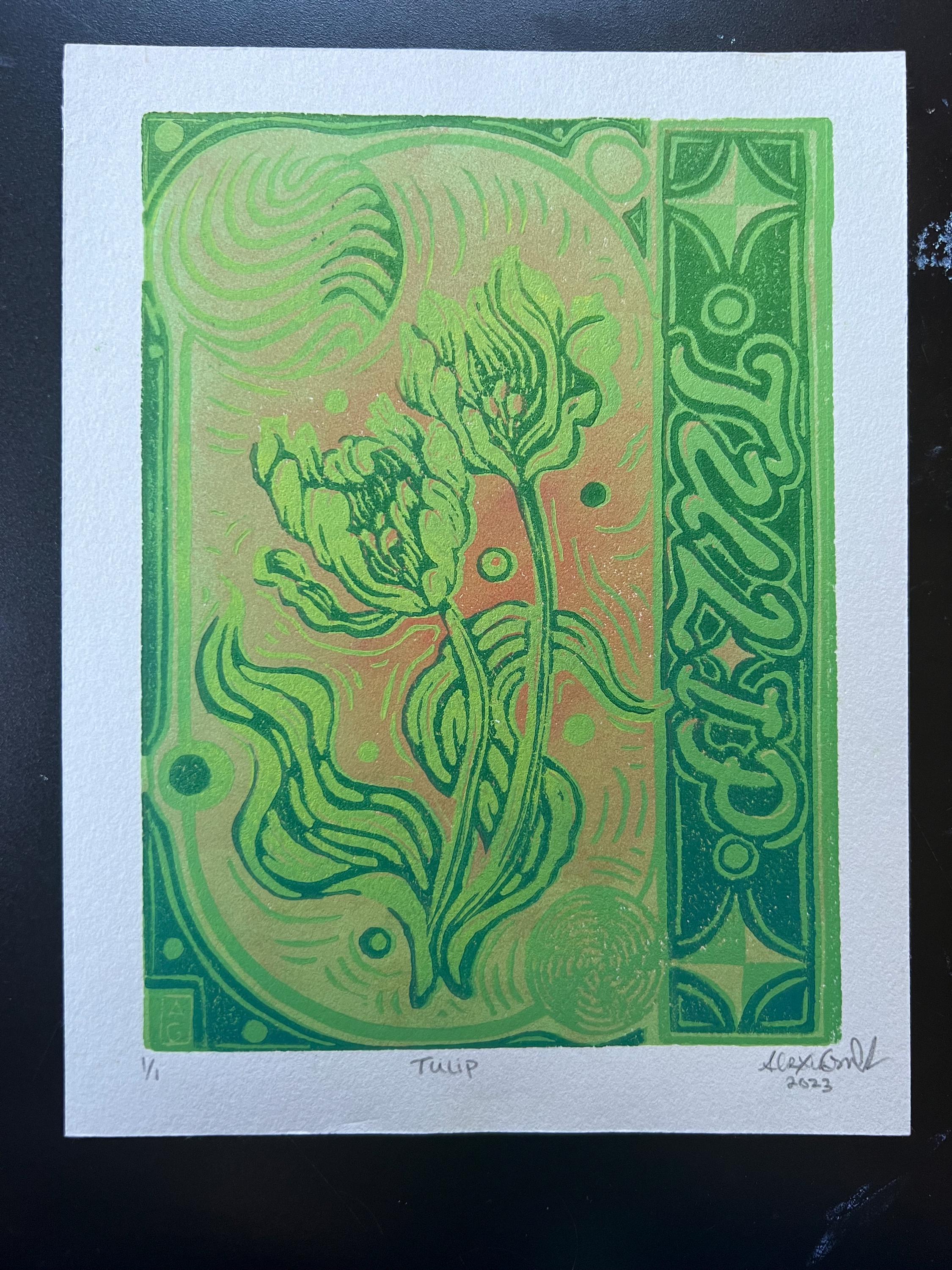 Abstract Tulip Linocut Print Spring Y2K Vibes Vibrant 5.5"x7.05"