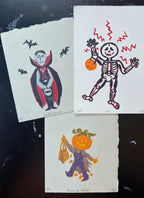 Spooky Skeleton/Dracula/Pumpkin Trick or Treaters Linocut Print Halloween