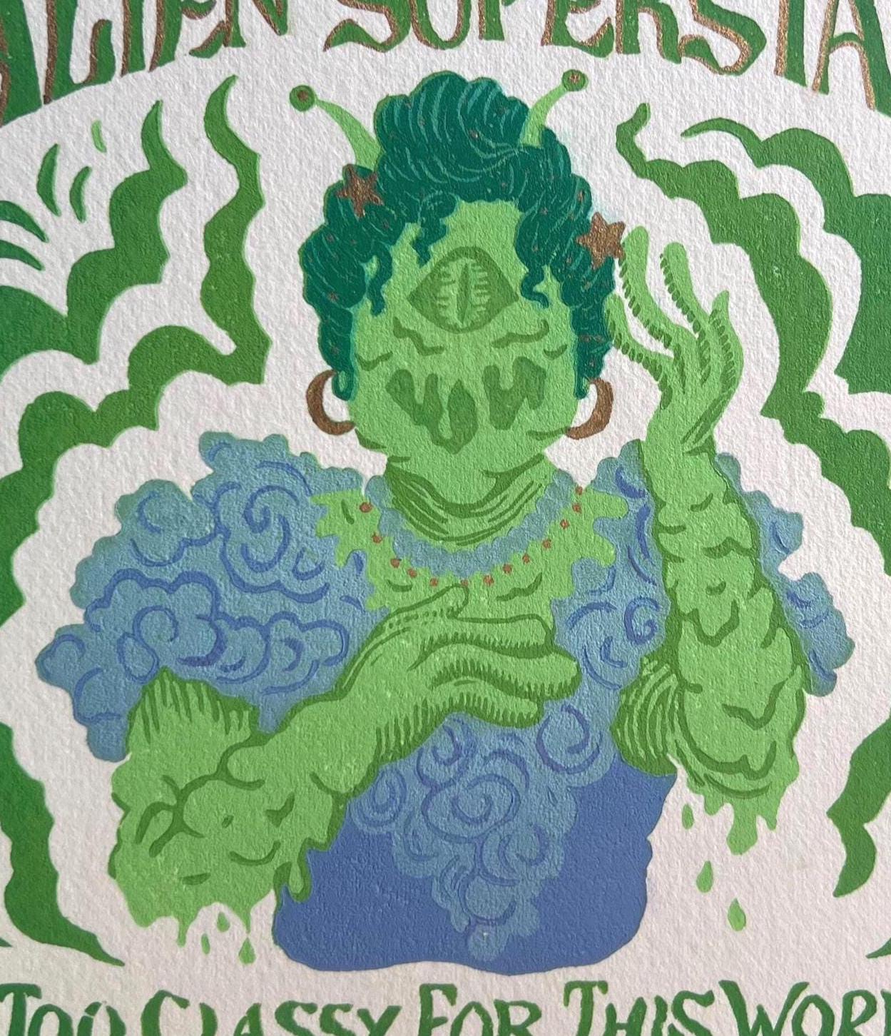 Alien Superstar Linocut Print | Beyoncé Renaissance, Drag Queen Art