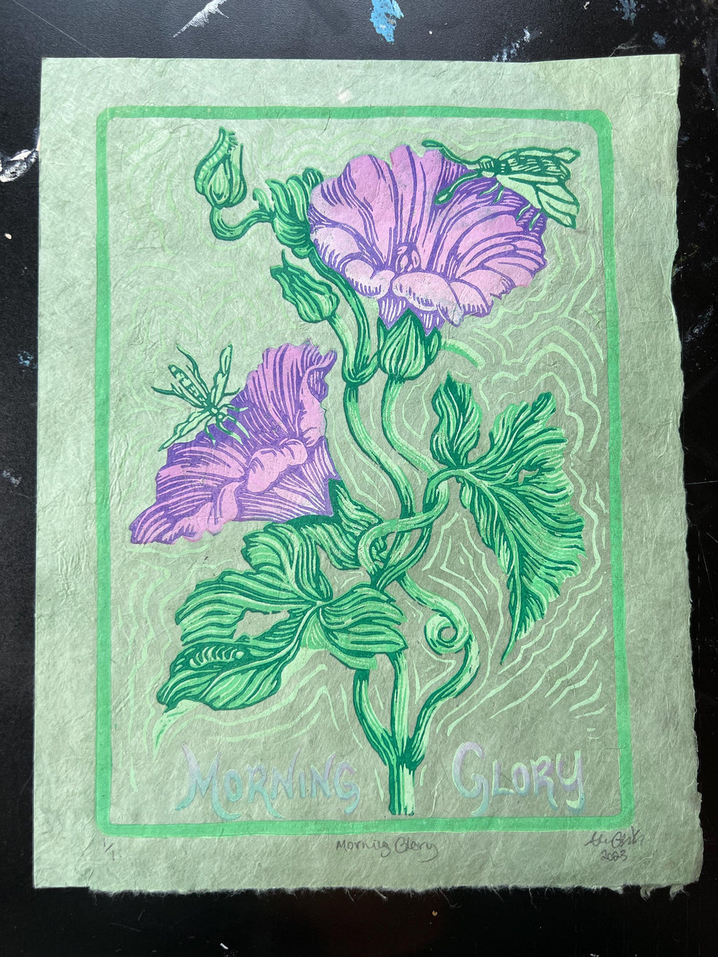 Morning Glory | Vintage Style Flower Linocut Print | Printed by Hand | 5.5"x7.05"