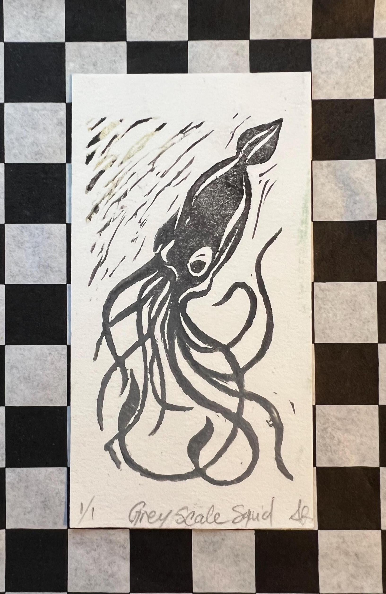 Deep Sea Squid Linocut Print | Handprinted Bookmark | Rainbow