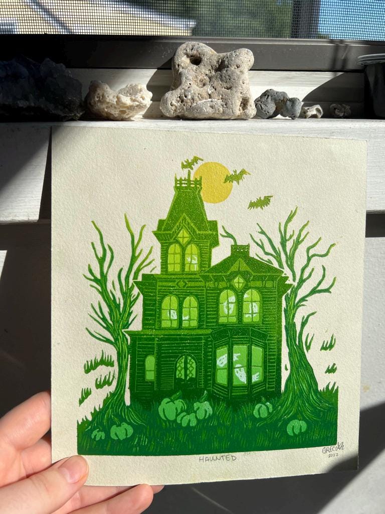 Spooky Halloween Haunted House Ghost Linocut Prints 7"x7.75"