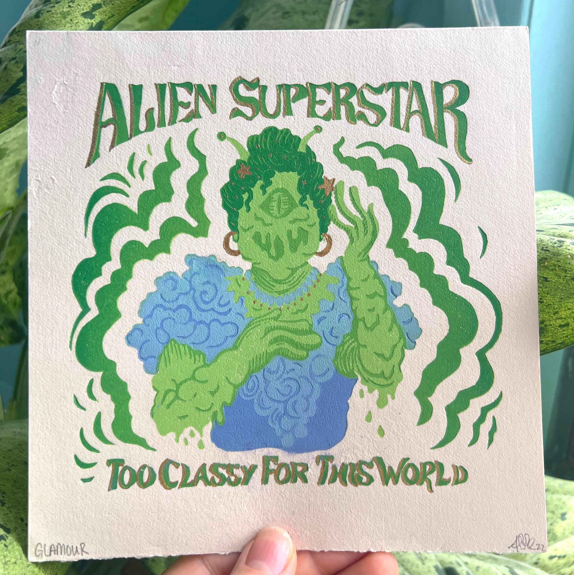 Alien Superstar Linocut Print | Beyoncé Renaissance, Drag Queen Art