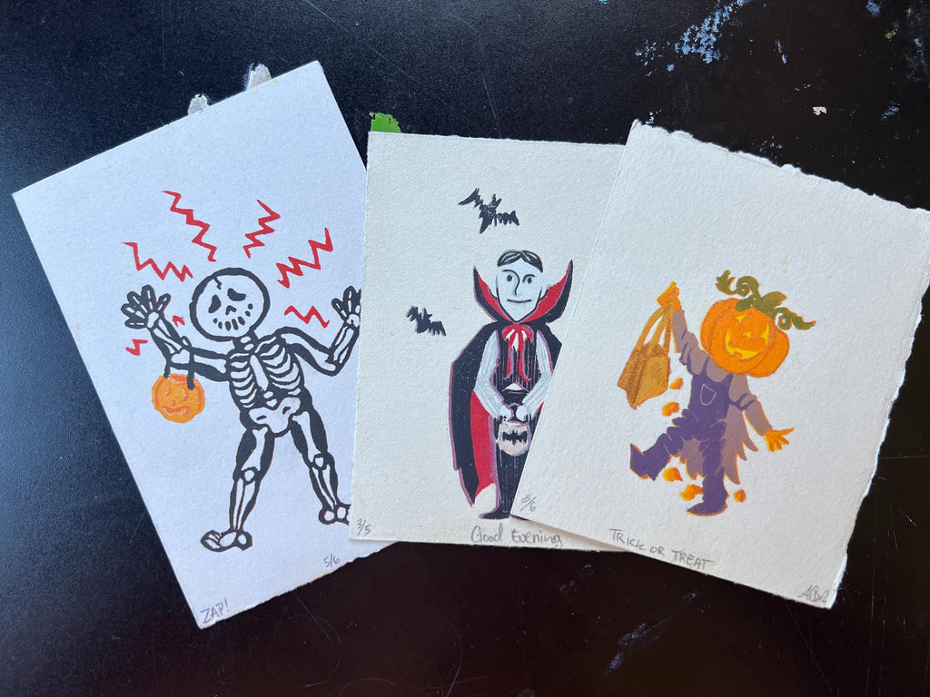 Spooky Skeleton/Dracula/Pumpkin Trick or Treaters Linocut Print Halloween