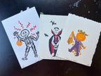 Spooky Skeleton/Dracula/Pumpkin Trick or Treaters Linocut Print Halloween