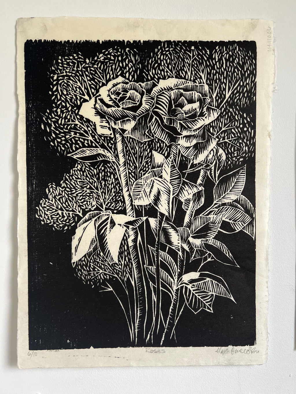 Woodcut Rose and Baby's Breath Bouquet Print 17.5"x12"