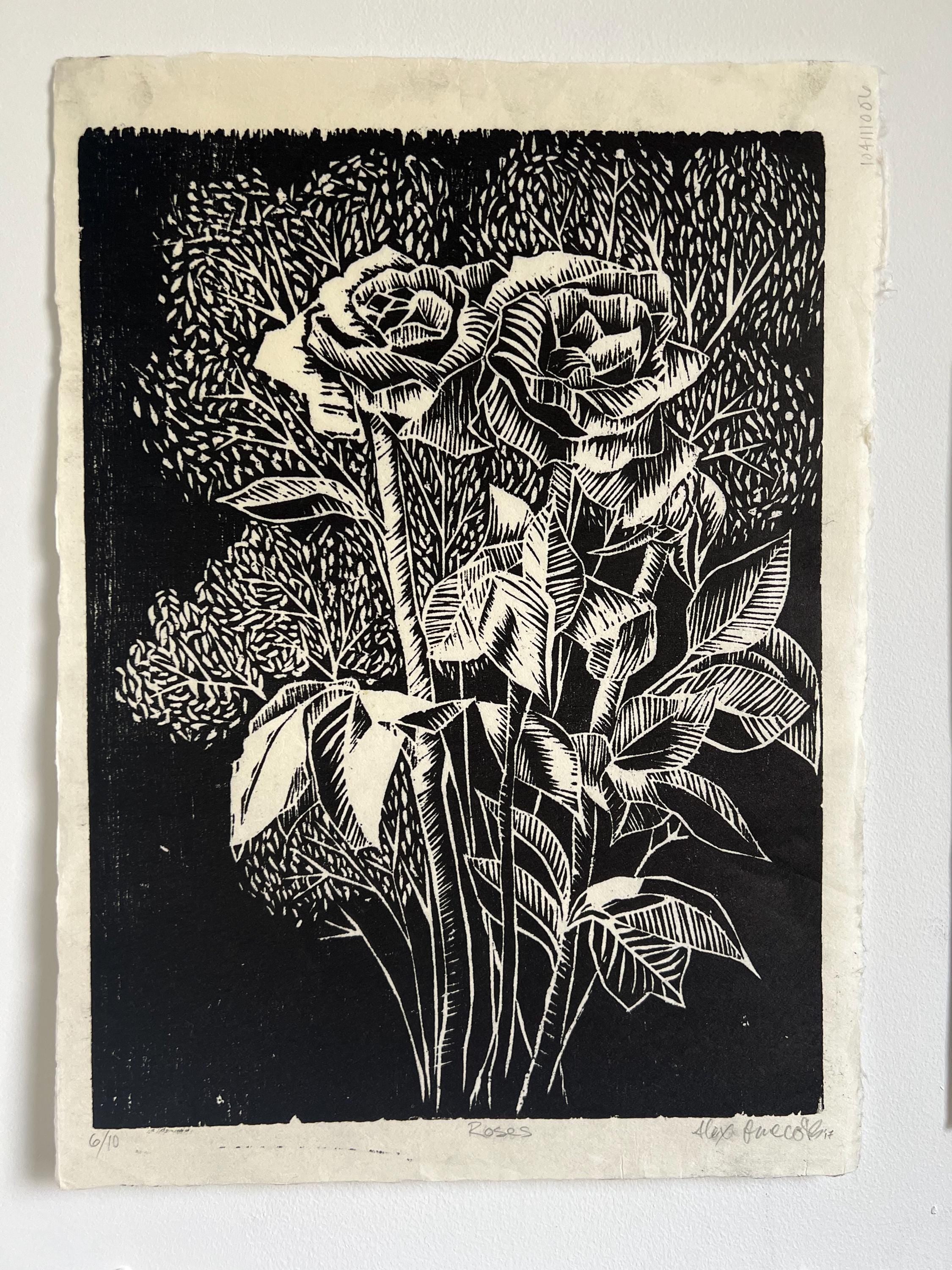 Woodcut Rose and Baby's Breath Bouquet Print 17.5"x12"