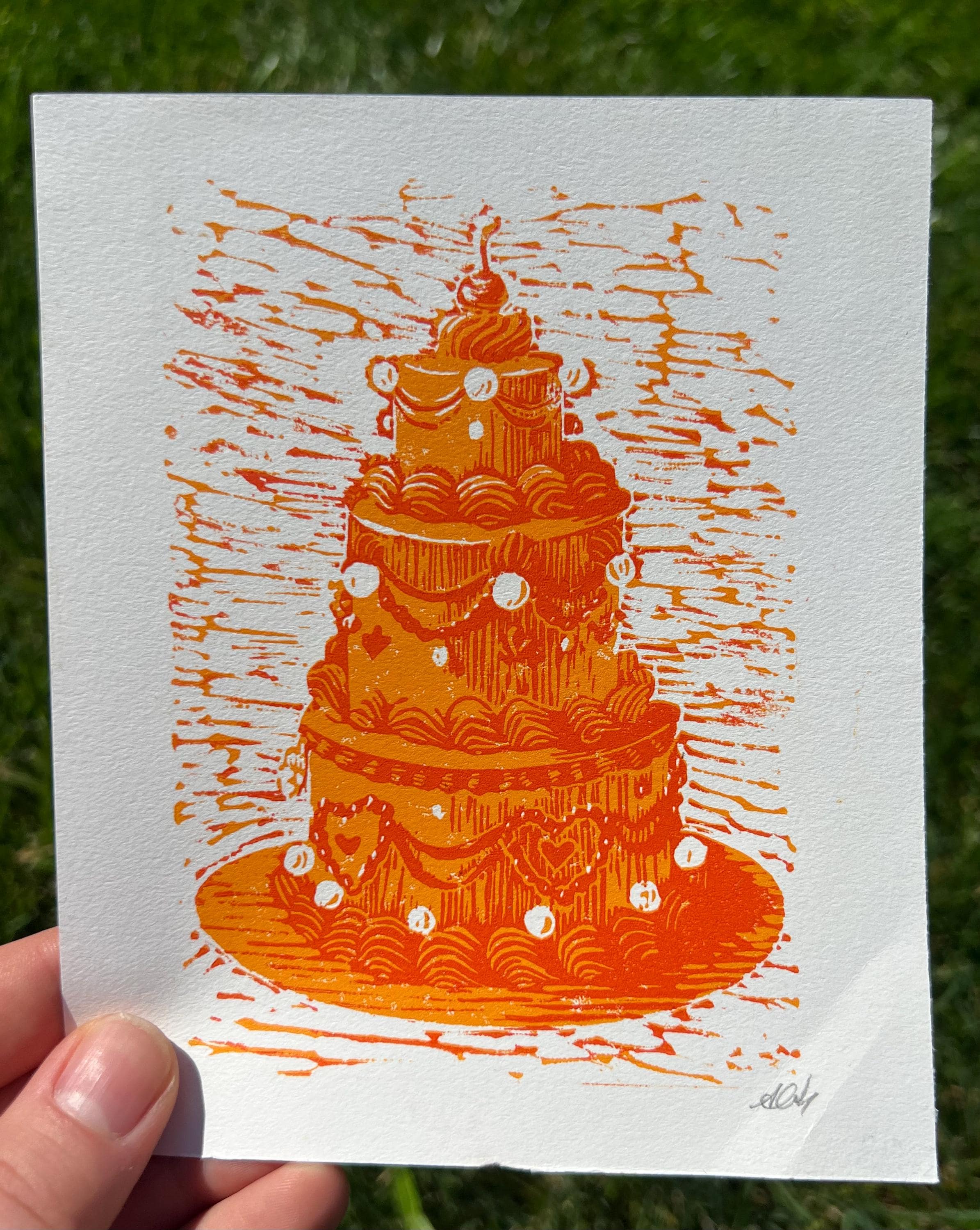 Vintage Style Tiered Rainbow Cakes, Linocut Print, 5"x6"