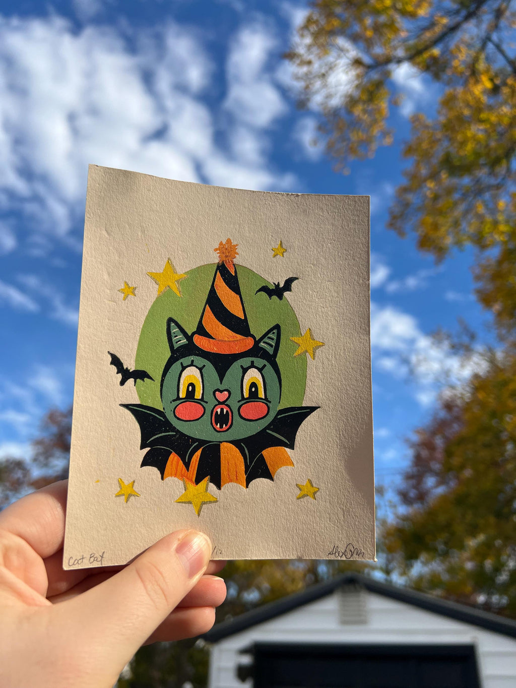Linocut Vintage BAT, Spooky Halloween Art Print | 4.75x6 | Fall Gift