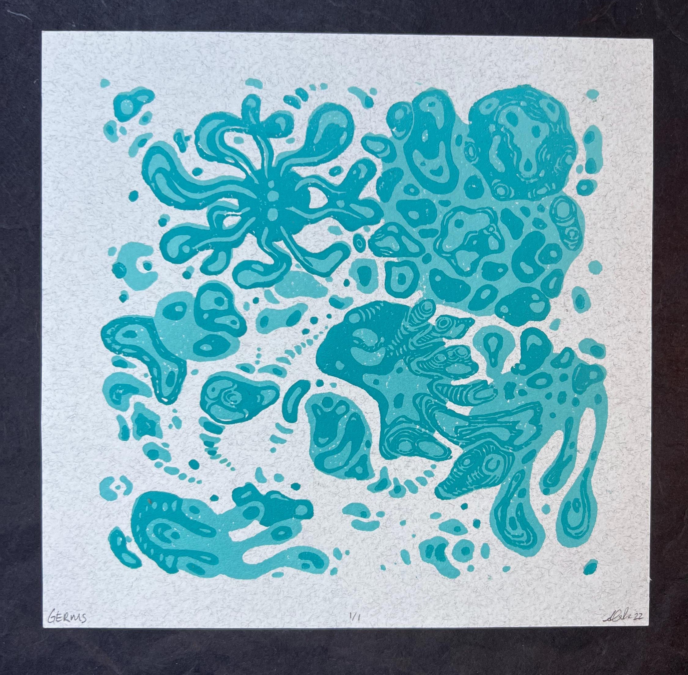 GERMS! Colorful Microbiology Petri dish, Abstract, Geometric, Bacteria, Alien, Space themed Linocut Print, 7.5"x7.5"