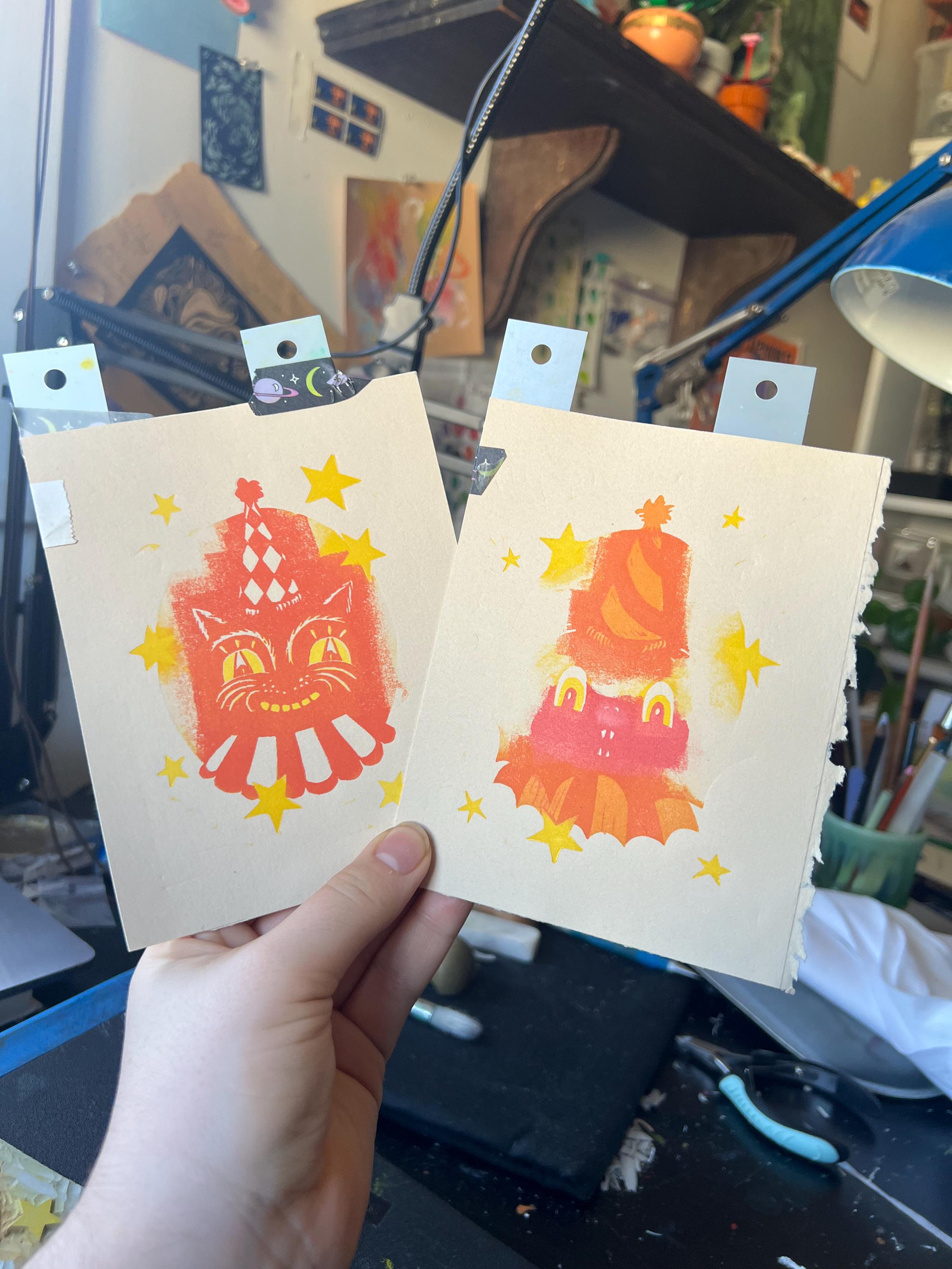 Linocut Vintage Circus Cat, Spooky Halloween Art Print | 4.75x6 | Fall Gift