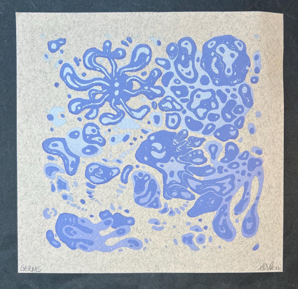 GERMS! Colorful Microbiology Petri dish, Abstract, Geometric, Bacteria, Alien, Space themed Linocut Print, 7.5"x7.5"