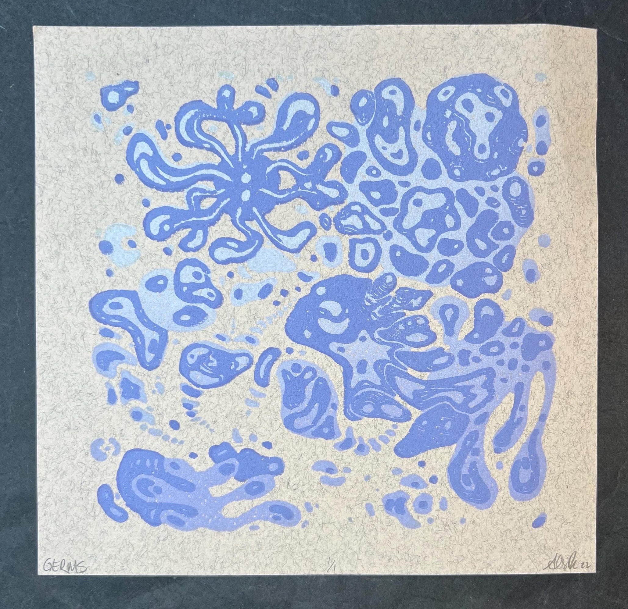 GERMS! Colorful Microbiology Petri dish, Abstract, Geometric, Bacteria, Alien, Space themed Linocut Print, 7.5"x7.5"