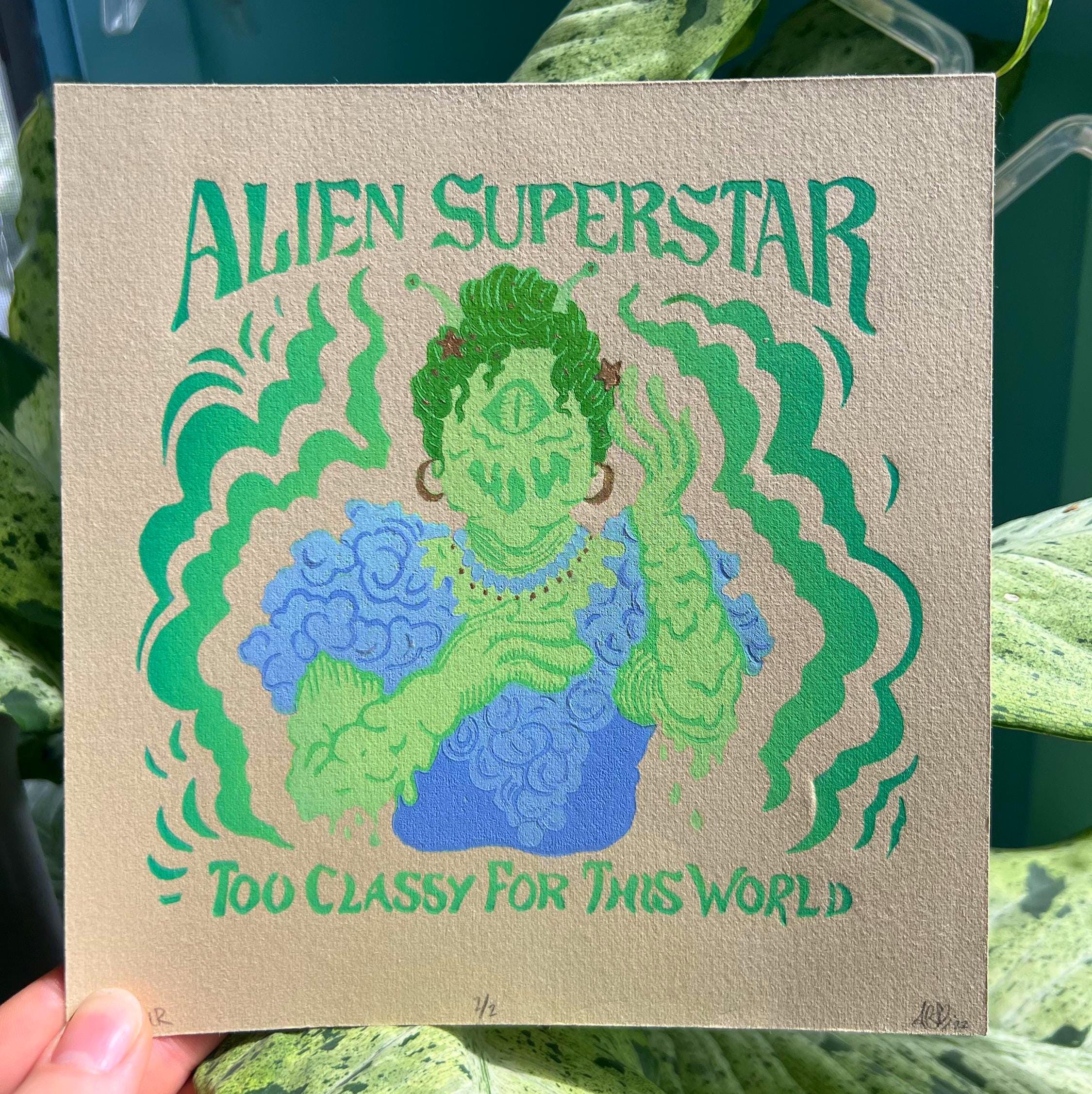Alien Superstar Linocut Print | Beyoncé Renaissance, Drag Queen Art