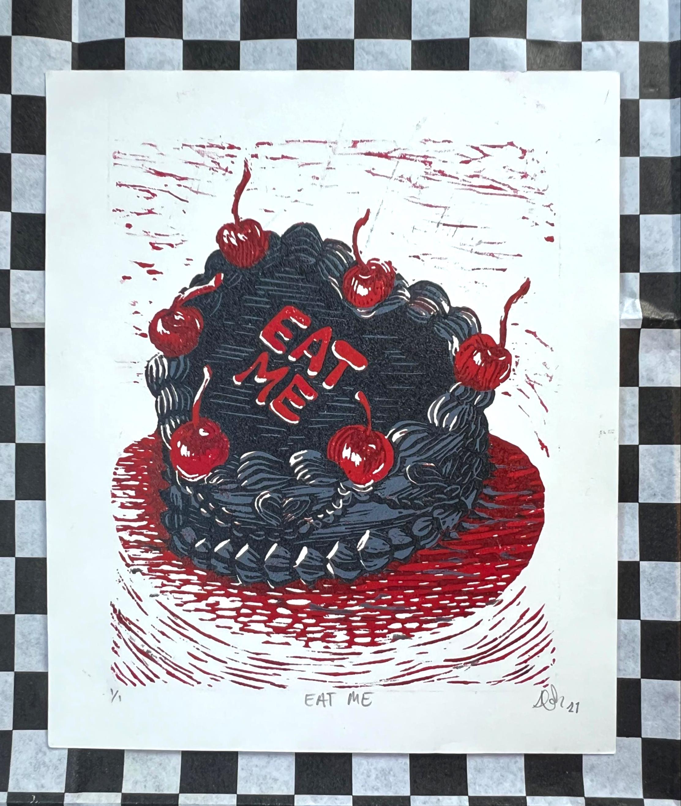 EAT ME! Vintage Cake Linocut Print: Hand-Pulled Relief Art (4.75x 5.5)